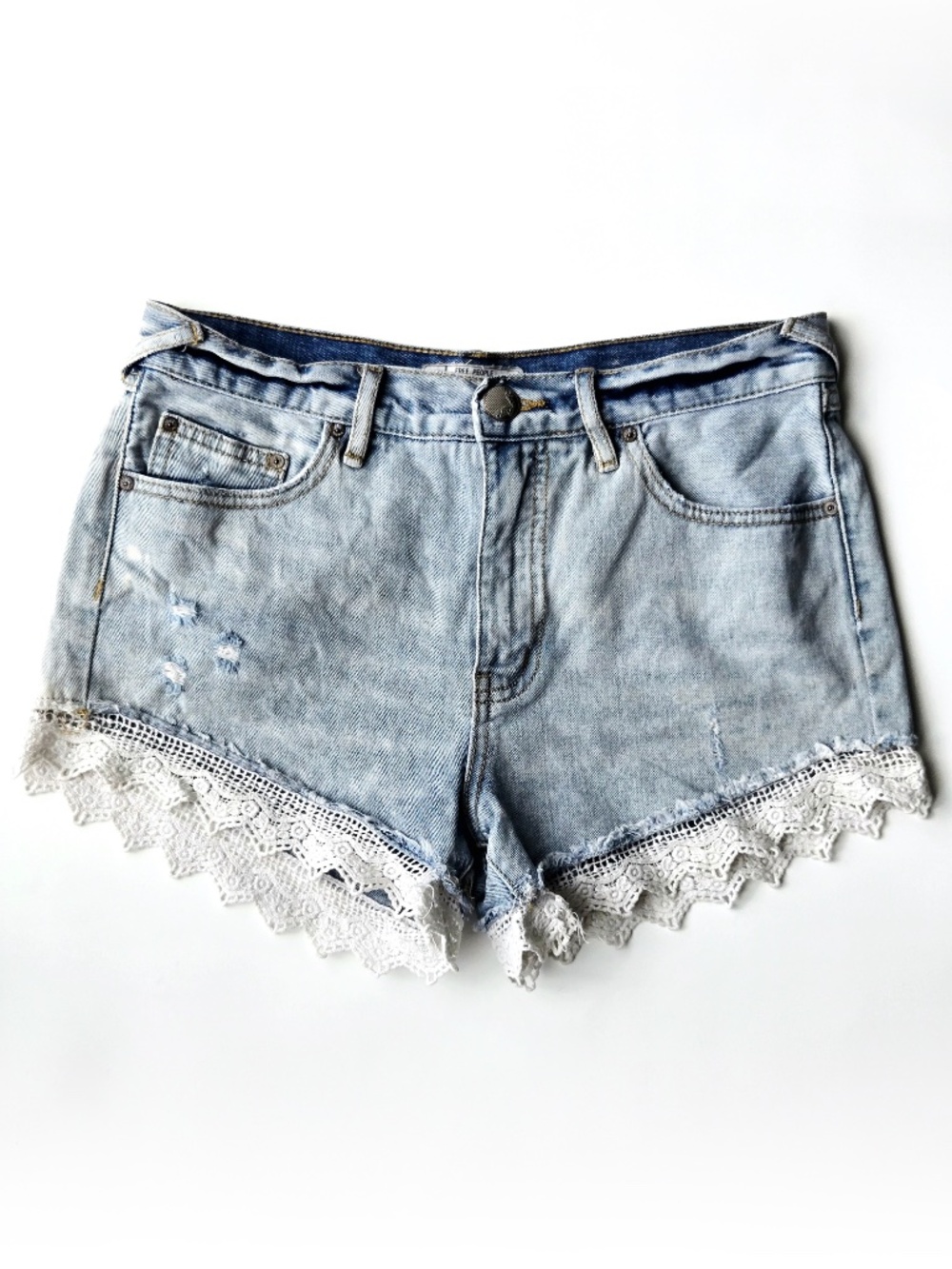 Free People Light Blue Denim Lace-Trim Shorts